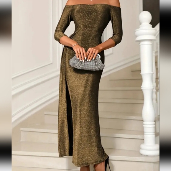 Slit Off-Shoulder Long Sleeve Midi Dress - Picture 1 of 4